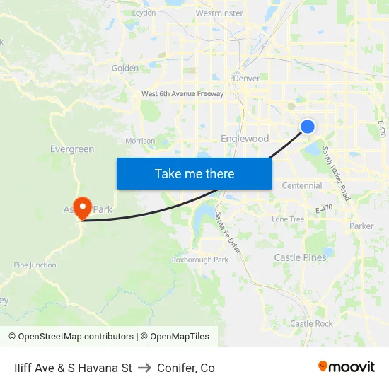 Iliff Ave & S Havana St to Conifer, Co map