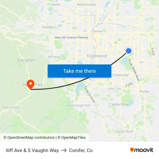 Iliff Ave & S Vaughn Way to Conifer, Co map