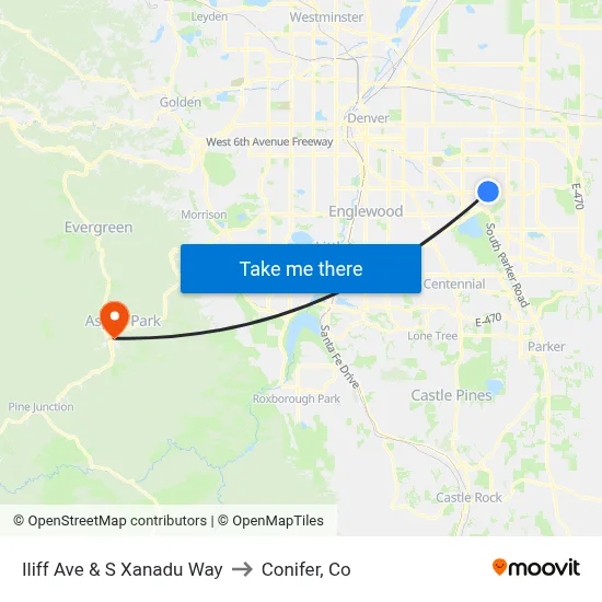 Iliff Ave & S Xanadu Way to Conifer, Co map