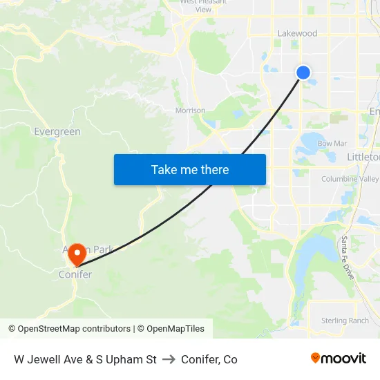W Jewell Ave & S Upham St to Conifer, Co map