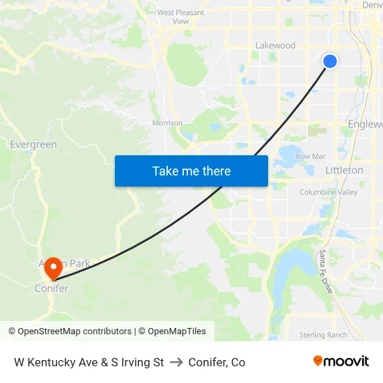 W Kentucky Ave & S Irving St to Conifer, Co map