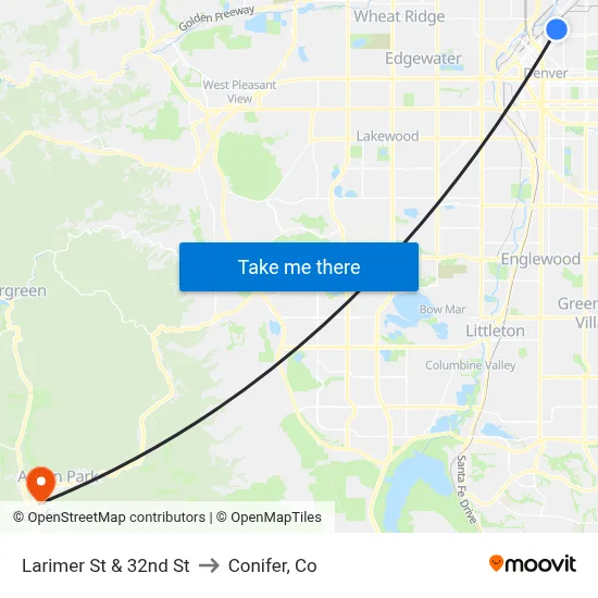 Larimer St & 32nd St to Conifer, Co map