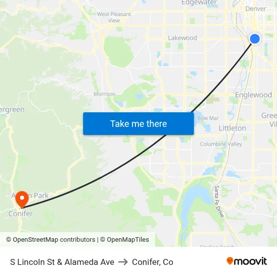 S Lincoln St & Alameda Ave to Conifer, Co map