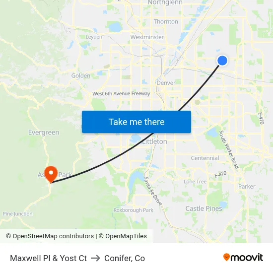 Maxwell Pl & Yost Ct to Conifer, Co map
