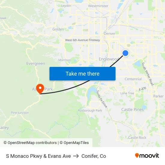 S Monaco Pkwy & Evans Ave to Conifer, Co map