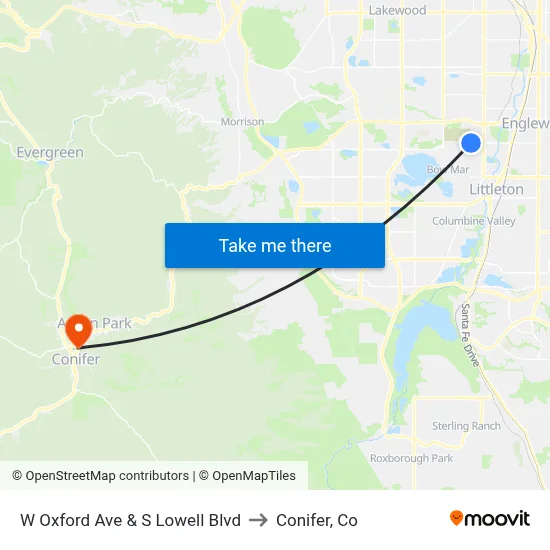 W Oxford Ave & S Lowell Blvd to Conifer, Co map