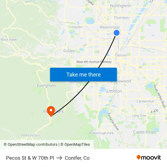 Pecos St & W 70th Pl to Conifer, Co map