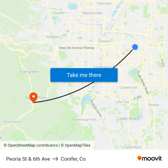 Peoria St & 6th Ave to Conifer, Co map