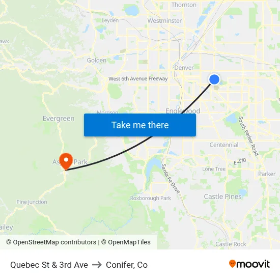 Quebec St & 3rd Ave to Conifer, Co map