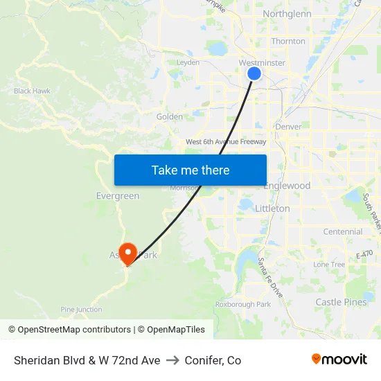 Sheridan Blvd & W 72nd Ave to Conifer, Co map