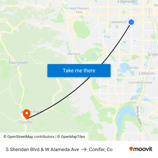 S Sheridan Blvd & W Alameda Ave to Conifer, Co map