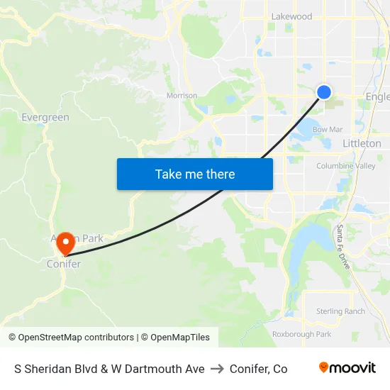 S Sheridan Blvd & W Dartmouth Ave to Conifer, Co map