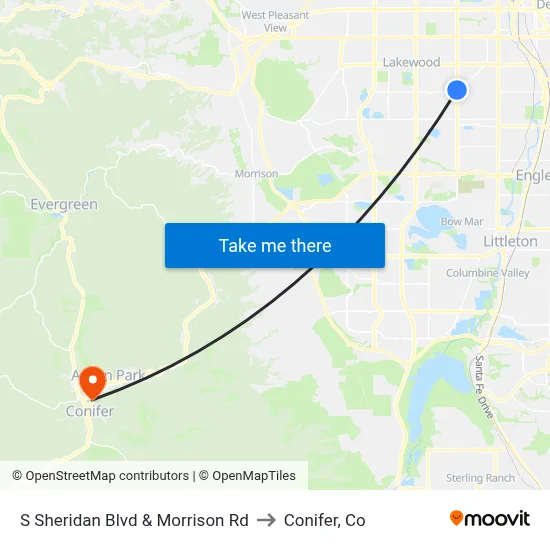 S Sheridan Blvd & Morrison Rd to Conifer, Co map