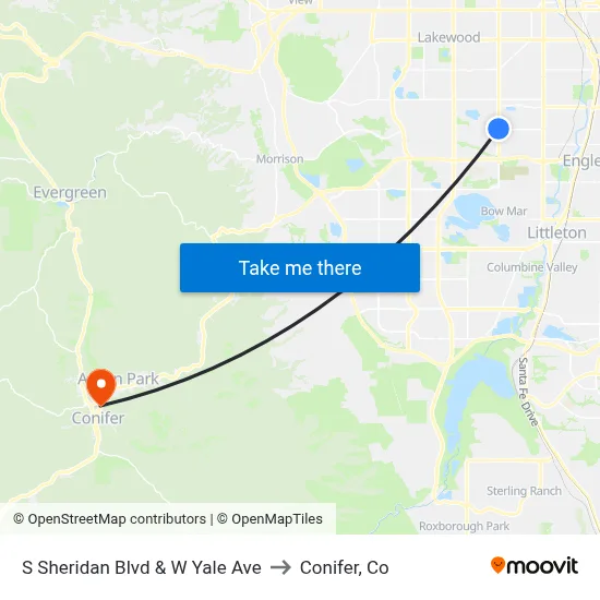 S Sheridan Blvd & W Yale Ave to Conifer, Co map