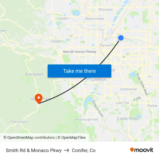 Smith Rd & Monaco Pkwy to Conifer, Co map