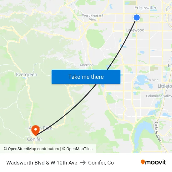 Wadsworth Blvd & W 10th Ave to Conifer, Co map