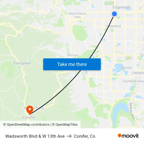 Wadsworth Blvd & W 13th Ave to Conifer, Co map