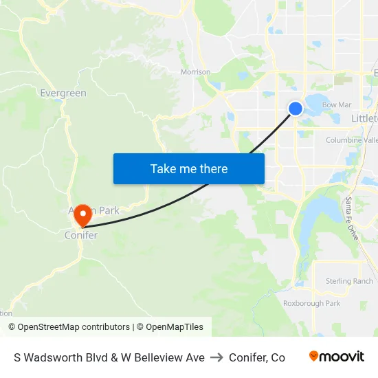 S Wadsworth Blvd & W Belleview Ave to Conifer, Co map