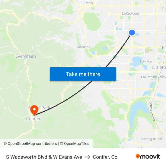 S Wadsworth Blvd & W Evans Ave to Conifer, Co map