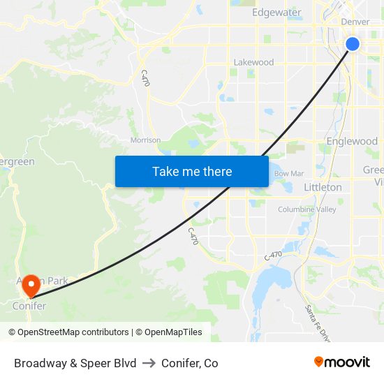 Broadway & Speer Blvd to Conifer, Co map