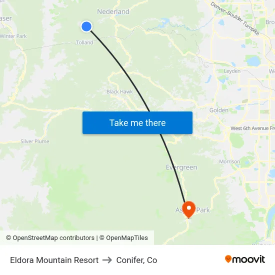 Eldora Mountain Resort to Conifer, Co map