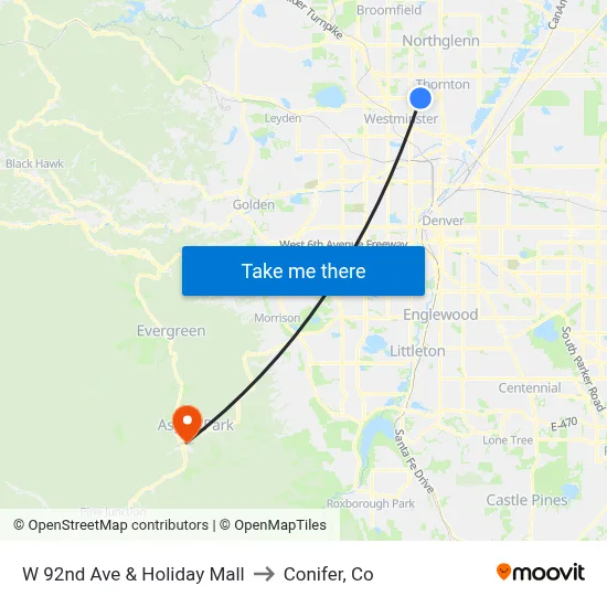 W 92nd Ave & Holiday Mall to Conifer, Co map