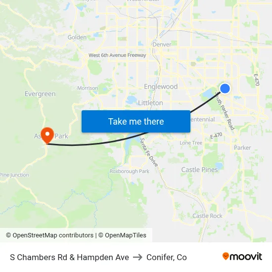 S Chambers Rd & Hampden Ave to Conifer, Co map