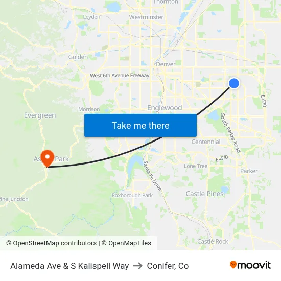 Alameda Ave & S Kalispell Way to Conifer, Co map