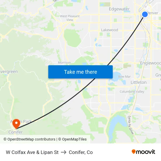 W Colfax Ave & Lipan St to Conifer, Co map
