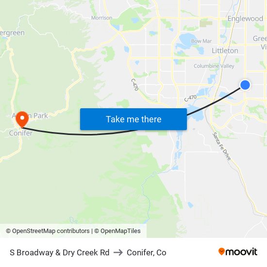 S Broadway & Dry Creek Rd to Conifer, Co map