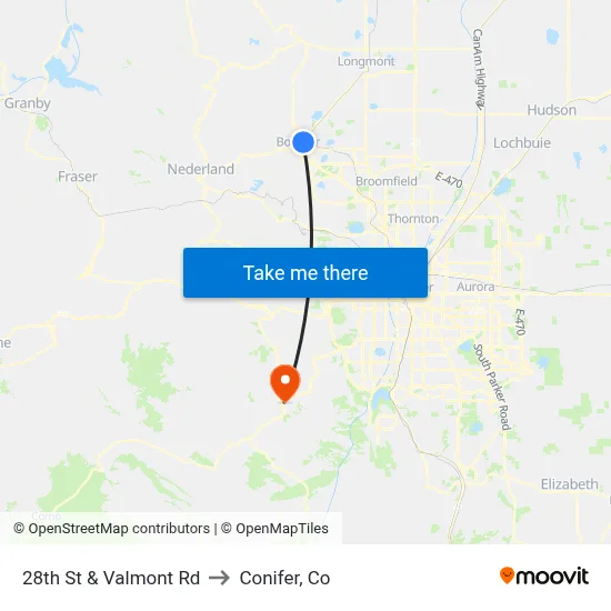 28th St & Valmont Rd to Conifer, Co map