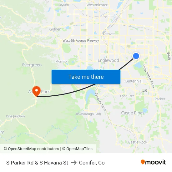 S Parker Rd & S Havana St to Conifer, Co map