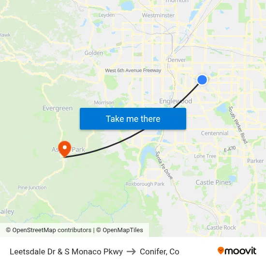 Leetsdale Dr & S Monaco Pkwy to Conifer, Co map