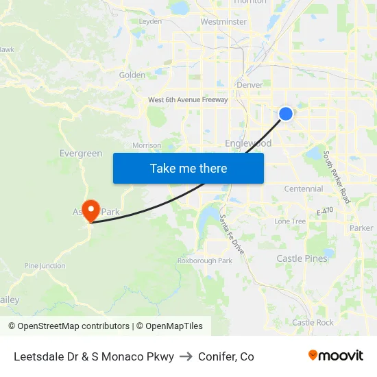Leetsdale Dr & S Monaco Pkwy to Conifer, Co map
