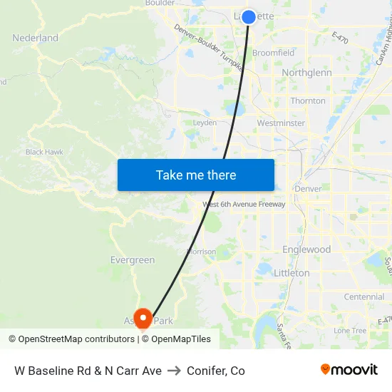 W Baseline Rd & N Carr Ave to Conifer, Co map