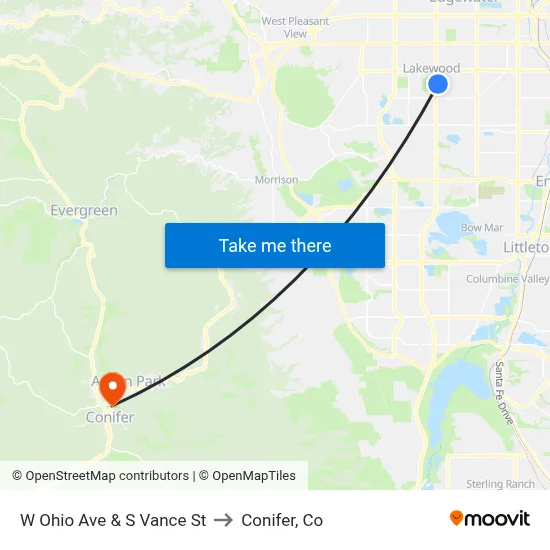 W Ohio Ave & S Vance St to Conifer, Co map