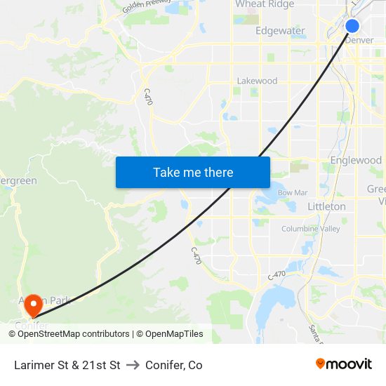 Larimer St & 21st St to Conifer, Co map