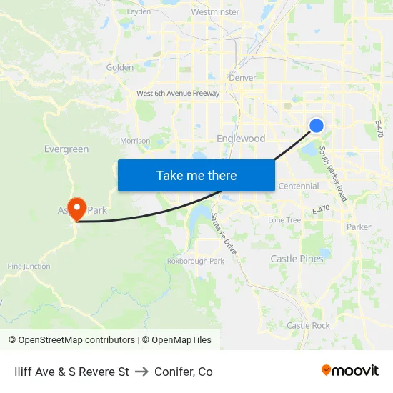 Iliff Ave & S Revere St to Conifer, Co map