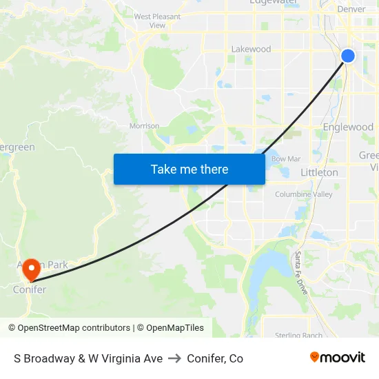 S Broadway & W Virginia Ave to Conifer, Co map