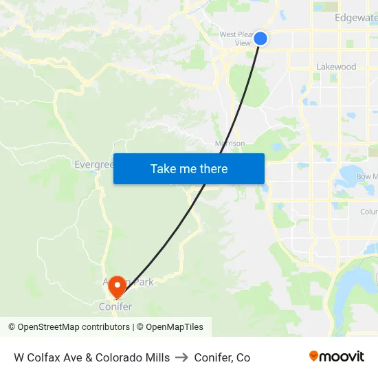 W Colfax Ave & Colorado Mills to Conifer, Co map