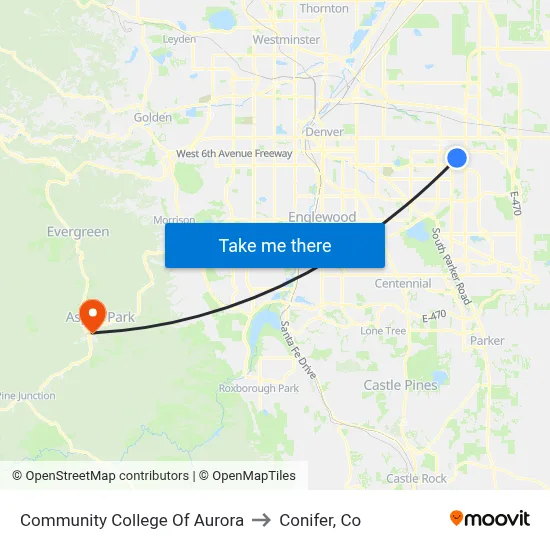 Community College Of Aurora to Conifer, Co map