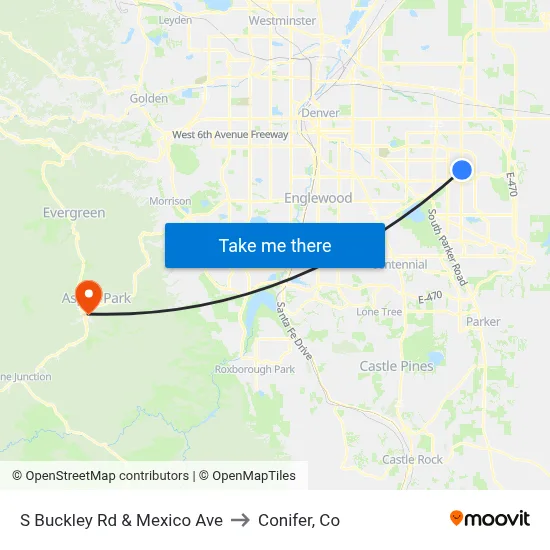 S Buckley Rd & Mexico Ave to Conifer, Co map