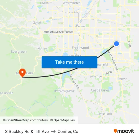 S Buckley Rd & Iliff Ave to Conifer, Co map