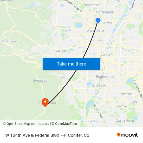 W 104th Ave & Federal Blvd to Conifer, Co map