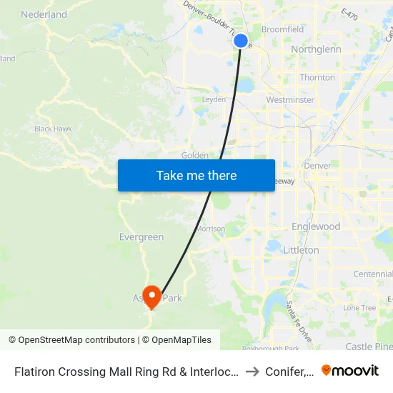Flatiron Crossing Mall Ring Rd & Interlocken Blvd to Conifer, Co map