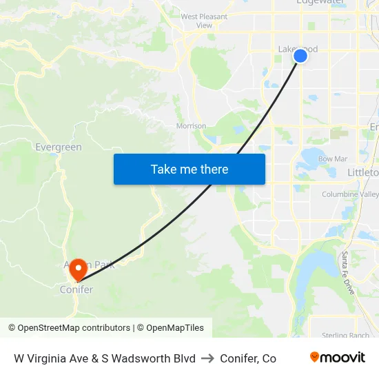 W Virginia Ave & S Wadsworth Blvd to Conifer, Co map