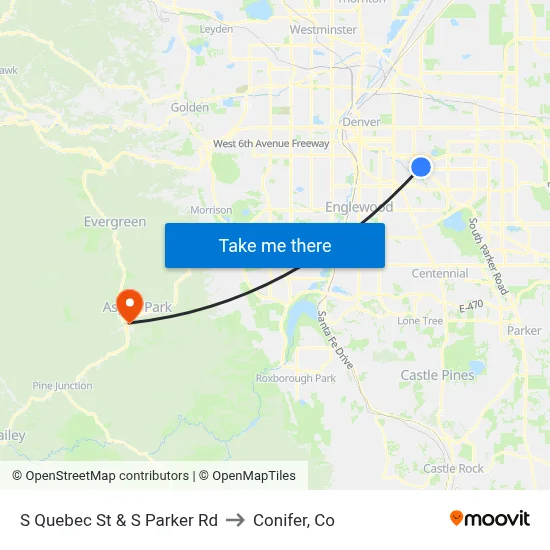 S Quebec St & S Parker Rd to Conifer, Co map