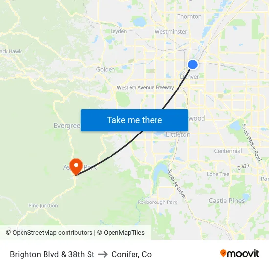 Brighton Blvd & 38th St to Conifer, Co map