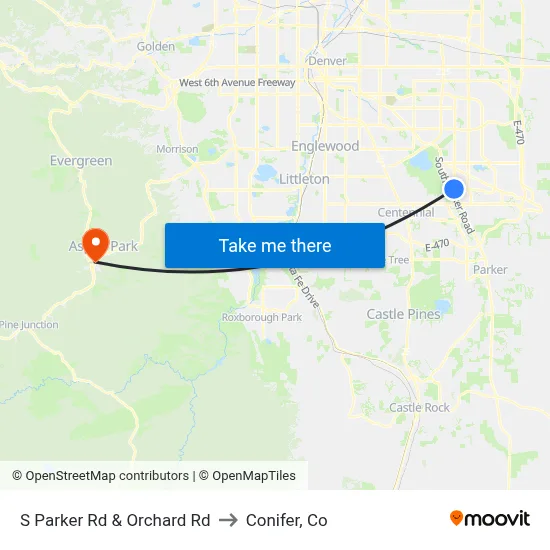 S Parker Rd & Orchard Rd to Conifer, Co map