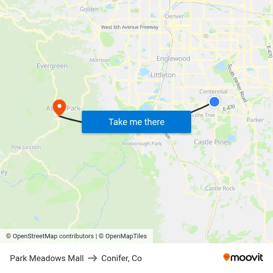 Park Meadows Mall to Conifer, Co map